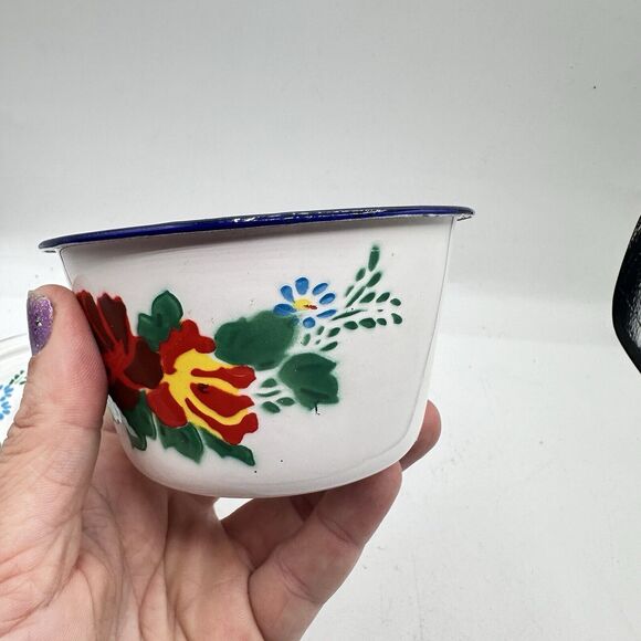 Vintage Mini Floral Enamel Pot Trinket Dish Roses Retro Kitsch Decor - Picture 12 of 13